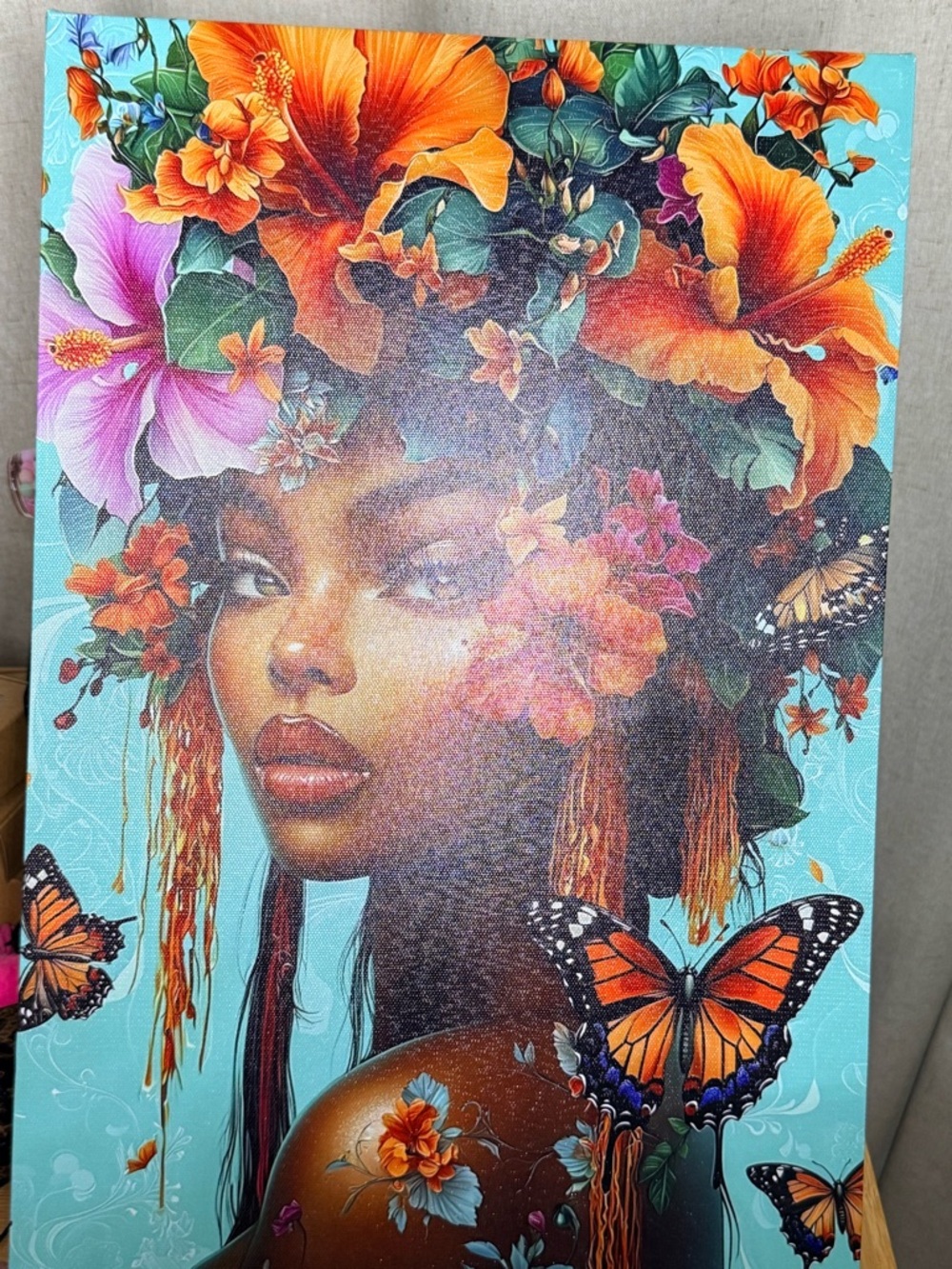 Sold!!!!!!!!  Vibrant Floral Goddess Canvas Art with Butterflies